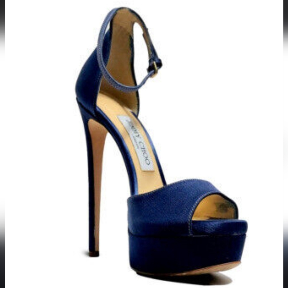 Jimmy Choo Max 150 Dyed Navy Blue Satin Size 37 6.5 Platforms High Heel Sandals